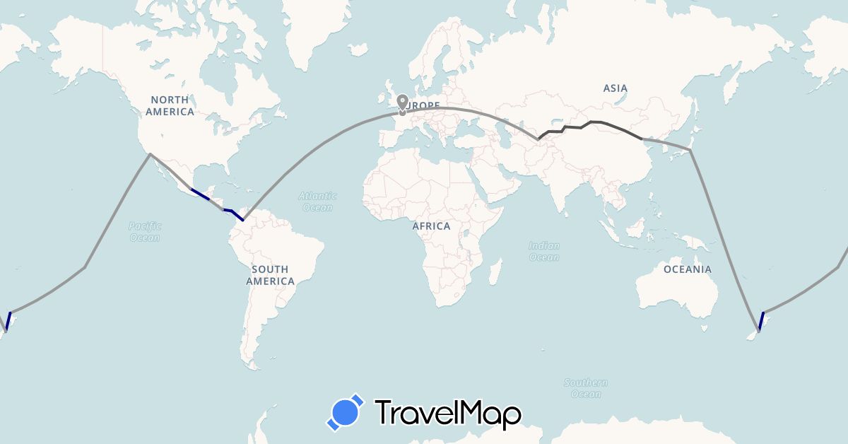 TravelMap itinerary: driving, plane, motorbike in China, Colombia, Costa Rica, France, Guatemala, Japan, Kyrgyzstan, Mongolia, Mexico, New Zealand, French Polynesia, United States, Uzbekistan (Asia, Europe, North America, Oceania, South America)